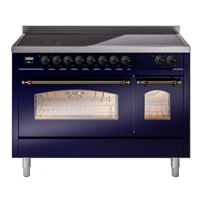 ILVE Nostalgie II 48-Inch Induction Range with 6 Induction Elements, 5.02 cu. ft. Oven, Midnight Blue with Burnished Trim, Triple Glass Door, UPI486NMPMBB