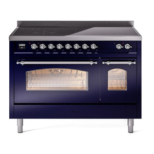 ILVE Nostalgie II 48-Inch Induction Range with 6 Induction Elements, 5.02 cu. ft. Oven, Midnight Blue with Chrome Trim, Triple Glass Door, UPI486NMPMBC