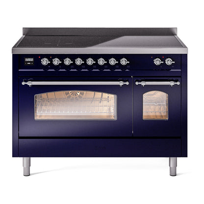 ILVE Nostalgie II 48-Inch Induction Range with 6 Induction Elements, 5.02 cu. ft. Oven, Midnight Blue with Chrome Trim, Triple Glass Door, UPI486NMPMBC