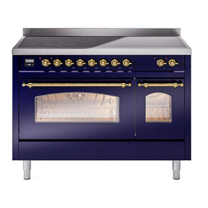 ILVE Nostalgie II 48-Inch Induction Range with 6 Induction Elements, 5.02 cu. ft. Oven, Midnight Blue with Brass Trim, Triple Glass Door, UPI486NMPMBG