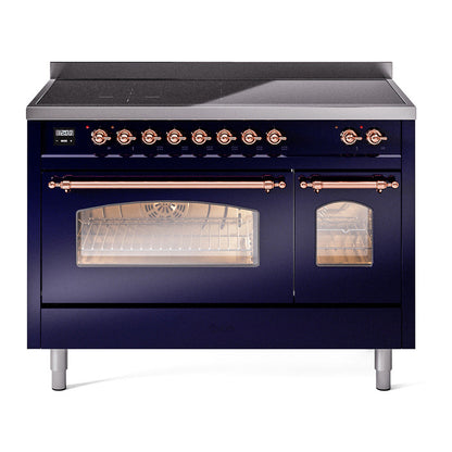 ILVE Nostalgie II 48-Inch Induction Range with 6 Induction Elements, 5.02 cu. ft. Oven, Midnight Blue with Copper Trim, Triple Glass Door, UPI486NMPMBP