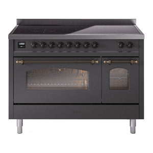 ILVE Nostalgie II 48-Inch Induction Range with 6 Induction Elements, 5.02 cu. ft. Oven, Graphite Matte with Burnished Trim, Triple Glass Door, UPI486NMPMGB