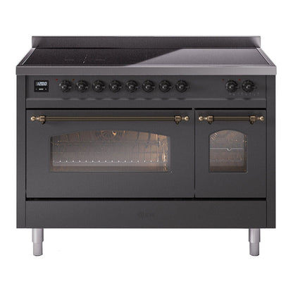 ILVE Nostalgie II 48-Inch Induction Range with 6 Induction Elements, 5.02 cu. ft. Oven, Graphite Matte with Burnished Trim, Triple Glass Door, UPI486NMPMGB