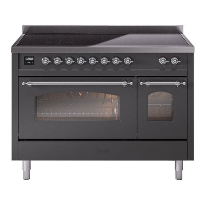 ILVE Nostalgie II 48-Inch Induction Range with 6 Induction Elements, 5.02 cu. ft. Oven, Graphite Matte with Chrome Trim, Triple Glass Door, UPI486NMPMGC
