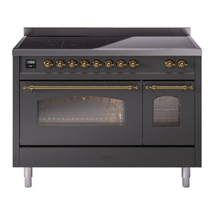 ILVE Nostalgie II 48-Inch Induction Range with 6 Induction Elements, 5.02 cu. ft. Oven, Graphite Matte with Brass Trim, Triple Glass Door, UPI486NMPMGG