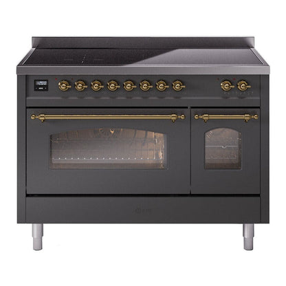 ILVE Nostalgie II 48-Inch Induction Range with 6 Induction Elements, 5.02 cu. ft. Oven, Graphite Matte with Brass Trim, Triple Glass Door, UPI486NMPMGG