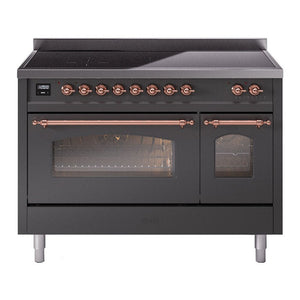 ILVE Nostalgie II 48-Inch Induction Range with 6 Induction Elements, 5.02 cu. ft. Oven, Graphite Matte with Copper Trim, Triple Glass Door, UPI486NMPMGP