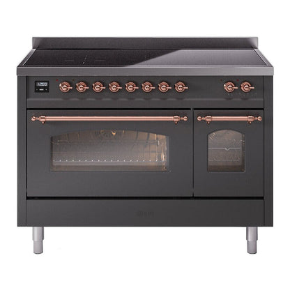 ILVE Nostalgie II 48-Inch Induction Range with 6 Induction Elements, 5.02 cu. ft. Oven, Graphite Matte with Copper Trim, Triple Glass Door, UPI486NMPMGP