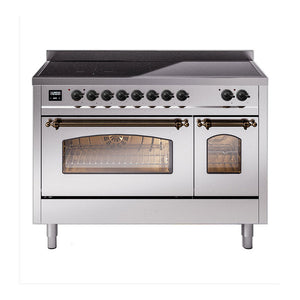 ILVE Nostalgie II 48-Inch Induction Range with 6 Induction Elements, 5.02 cu. ft. Oven, Stainless Steel with Burnished Trim, Triple Glass Door, UPI486NMPSSB