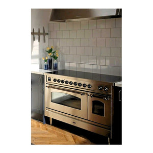 ILVE Nostalgie II 48-Inch Induction Range with 6 Induction Elements, 5.02 cu. ft. Oven, Stainless Steel with Burnished Trim, Triple Glass Door, UPI486NMPSSB