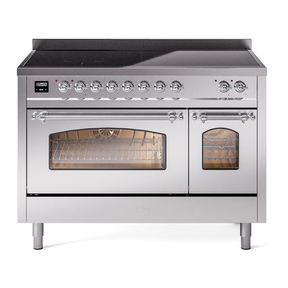 ILVE Nostalgie II 48-Inch Induction Range with 6 Induction Elements, 5.02 cu. ft. Oven, Stainless Steel with Chrome Trim, Triple Glass Door, UPI486NMPSSC