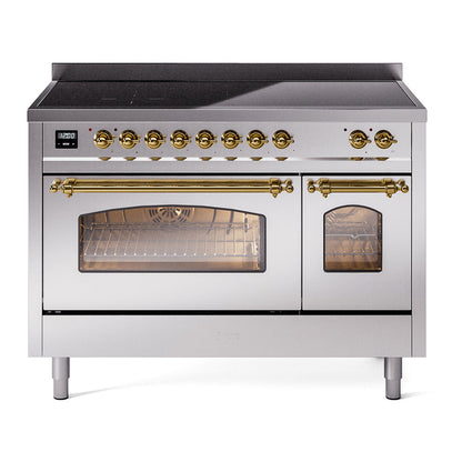 ILVE Nostalgie II 48-Inch Induction Range with 6 Induction Elements, 5.02 cu. ft. Oven, Stainless Steel with Brass Trim, Triple Glass Door, UPI486NMPSSG