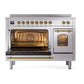 ILVE Nostalgie II 48-Inch Induction Range with 6 Induction Elements, 5.02 cu. ft. Oven, Stainless Steel with Brass Trim, Triple Glass Door, UPI486NMPSSG