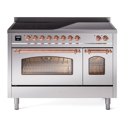 ILVE Nostalgie II 48-Inch Induction Range with 6 Induction Elements, 5.02 cu. ft. Oven, Stainless Steel with Copper Trim, Triple Glass Door, UPI486NMPSSP