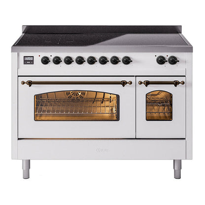 ILVE Nostalgie II 48-Inch Induction Range with 6 Induction Elements, 5.02 cu. ft. Oven, White with Burnished Trim, Triple Glass Door, UPI486NMPWHB