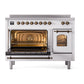 ILVE Nostalgie II 48-Inch Induction Range with 6 Induction Elements, 5.02 cu. ft. Oven, White with Burnished Trim, Triple Glass Door, UPI486NMPWHB
