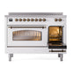ILVE Nostalgie II 48-Inch Induction Range with 6 Induction Elements, 5.02 cu. ft. Oven, White with Burnished Trim, Triple Glass Door, UPI486NMPWHB