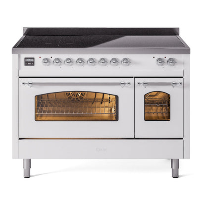 ILVE Nostalgie II 48-Inch Induction Range with 6 Induction Elements, 5.02 cu. ft. Oven, White with Chrome Trim, Triple Glass Door, UPI486NMPWHC