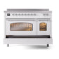 ILVE Nostalgie II 48-Inch Induction Range with 6 Induction Elements, 5.02 cu. ft. Oven, White with Chrome Trim, Triple Glass Door, UPI486NMPWHC