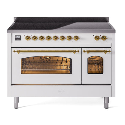 ILVE Nostalgie II 48-Inch Induction Range with 6 Induction Elements, 5.02 cu. ft. Oven, White with Brass Trim, Triple Glass Door, UPI486NMPWHG