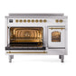 ILVE Nostalgie II 48-Inch Induction Range with 6 Induction Elements, 5.02 cu. ft. Oven, White with Brass Trim, Triple Glass Door, UPI486NMPWHG