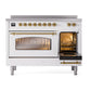 ILVE Nostalgie II 48-Inch Induction Range with 6 Induction Elements, 5.02 cu. ft. Oven, White with Brass Trim, Triple Glass Door, UPI486NMPWHG