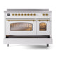 ILVE Nostalgie II 48-Inch Induction Range with 6 Induction Elements, 5.02 cu. ft. Oven, White with Brass Trim, Triple Glass Door, UPI486NMPWHG