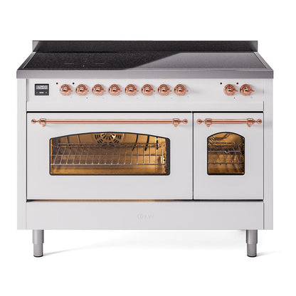 ILVE Nostalgie II 48-Inch Induction Range with 6 Induction Elements, 5.02 cu. ft. Oven, White with Copper Trim, Triple Glass Door, UPI486NMPWHP