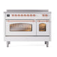 ILVE Nostalgie II 48-Inch Induction Range with 6 Induction Elements, 5.02 cu. ft. Oven, White with Copper Trim, Triple Glass Door, UPI486NMPWHP