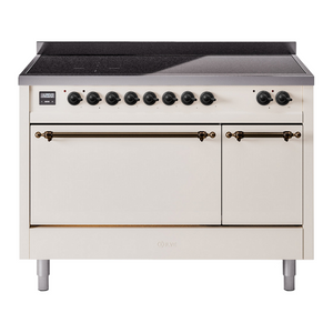 ILVE Nostalgie II 48-Inch Induction Range with 6 Induction Elements, 5.02 cu. ft. Oven, Antique White with Burnished Trim, Solid Door, UPI486QNMPAWB