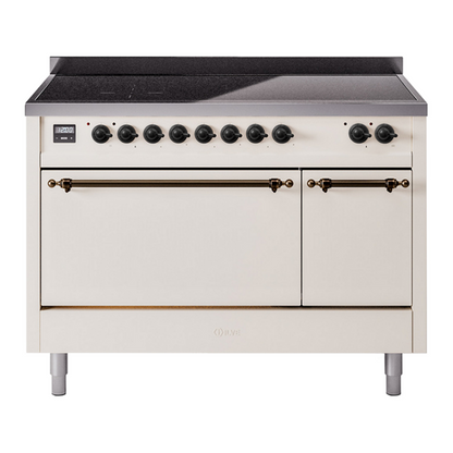 ILVE Nostalgie II 48-Inch Induction Range with 6 Induction Elements, 5.02 cu. ft. Oven, Antique White with Burnished Trim, Solid Door, UPI486QNMPAWB