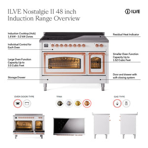 ILVE Nostalgie II 48-Inch Induction Range with 6 Induction Elements, 5.02 cu. ft. Oven, Antique White with Burnished Trim, Solid Door, UPI486QNMPAWB