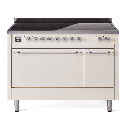 ILVE Nostalgie II 48-Inch Induction Range with 6 Induction Elements, 5.02 cu. ft. Oven, Antique White with Chrome Trim, Solid Door, UPI486QNMPAWC