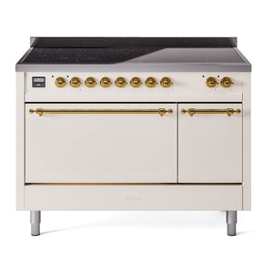 ILVE Nostalgie II 48-Inch Induction Range with 6 Induction Elements, 5.02 cu. ft. Oven, Antique White with Brass Trim, Solid Door, UPI486QNMPAWG