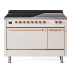 ILVE Nostalgie II 48-Inch Induction Range with 6 Induction Elements, 5.02 cu. ft. Oven, Antique White with Copper Trim, Solid Door, UPI486QNMPAWP