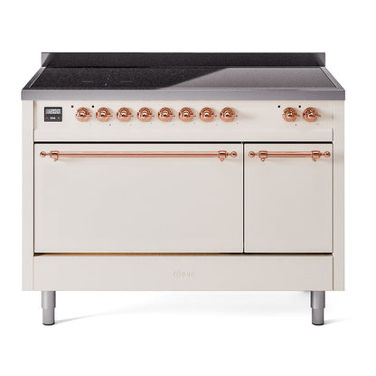 ILVE Nostalgie II 48-Inch Induction Range with 6 Induction Elements, 5.02 cu. ft. Oven, Antique White with Copper Trim, Solid Door, UPI486QNMPAWP