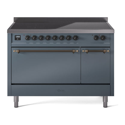 ILVE Nostalgie II 48-Inch Induction Range with 6 Induction Elements, 5.02 cu. ft. Oven, Blue Grey with Burnished Trim, Solid Door, UPI486QNMPBGB