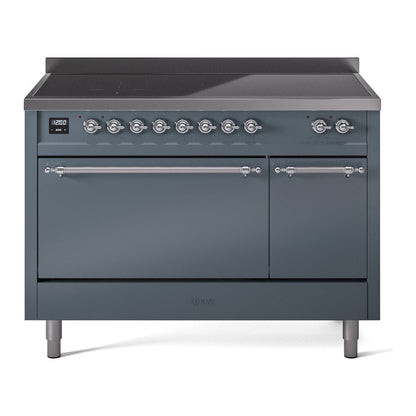 ILVE Nostalgie II 48-Inch Induction Range with 6 Induction Elements, 5.02 cu. ft. Oven, Blue Grey with Chrome Trim, Solid Door, UPI486QNMPBGC