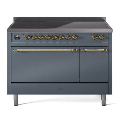 ILVE Nostalgie II 48-Inch Induction Range with 6 Induction Elements, 5.02 cu. ft. Oven, Blue Grey with Brass Trim, Solid Door, UPI486QNMPBGG