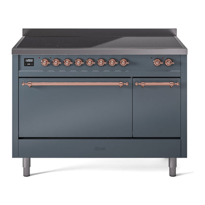 ILVE Nostalgie II 48-Inch Induction Range with 6 Induction Elements, 5.02 cu. ft. Oven, Blue Grey with Copper Trim, Solid Door, UPI486QNMPBGP