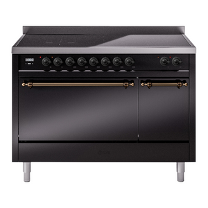 ILVE Nostalgie II 48-Inch Induction Range with 6 Induction Elements, 5.02 cu. ft. Oven, Glossy Black with Burnished Trim, Solid Door, UPI486QNMPBKB