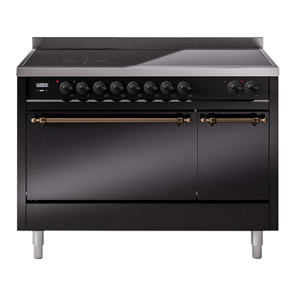 ILVE Nostalgie II 48-Inch Induction Range with 6 Induction Elements, 5.02 cu. ft. Oven, Glossy Black with Burnished Trim, Solid Door, UPI486QNMPBKB