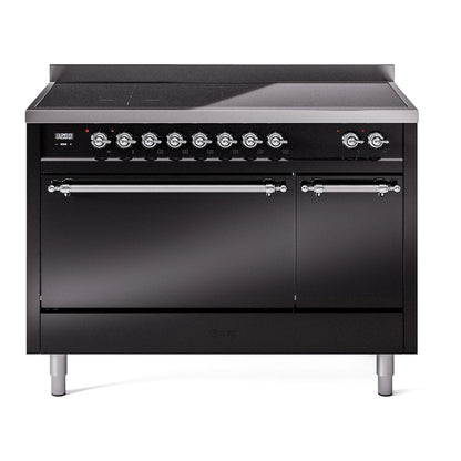 ILVE Nostalgie II 48-Inch Induction Range with 6 Induction Elements, 5.02 cu. ft. Oven, Glossy Black with Chrome Trim, Solid Door, UPI486QNMPBKC
