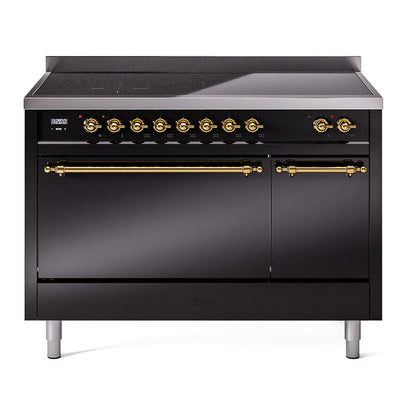 ILVE Nostalgie II 48-Inch Induction Range with 6 Induction Elements, 5.02 cu. ft. Oven, Glossy Black with Brass Trim, Solid Door, UPI486QNMPBKG