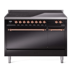 ILVE Nostalgie II 48-Inch Induction Range with 6 Induction Elements, 5.02 cu. ft. Oven, Glossy Black with Copper Trim, Solid Door, UPI486QNMPBKP
