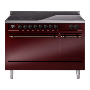 ILVE Nostalgie II 48-Inch Induction Range with 6 Induction Elements, 5.02 cu. ft. Oven, Burgundy with Burnished Trim, Solid Door, UPI486QNMPBUB