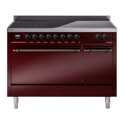 ILVE Nostalgie II 48-Inch Induction Range with 6 Induction Elements, 5.02 cu. ft. Oven, Burgundy with Burnished Trim, Solid Door, UPI486QNMPBUB