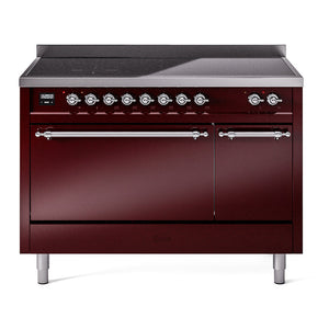 ILVE Nostalgie II 48-Inch Induction Range with 6 Induction Elements, 5.02 cu. ft. Oven, Burgundy with Chrome Trim, Solid Door, UPI486QNMPBUC