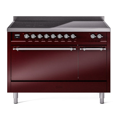 ILVE Nostalgie II 48-Inch Induction Range with 6 Induction Elements, 5.02 cu. ft. Oven, Burgundy with Chrome Trim, Solid Door, UPI486QNMPBUC