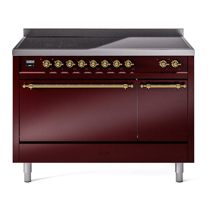 ILVE Nostalgie II 48-Inch Induction Range with 6 Induction Elements, 5.02 cu. ft. Oven, Burgundy with Brass Trim, Solid Door, UPI486QNMPBUG